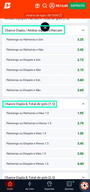 Combinações do mercado de Chance Dupla na Betano