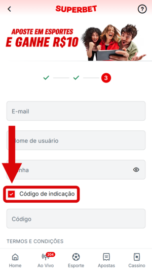 Passo 4 no cadastro da Superbet