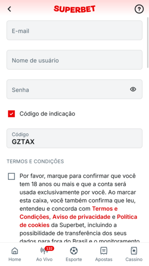 PAsso 3 no cadastro da Superbet