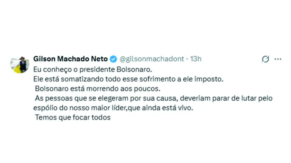 Gilson Machado usa rede X para afirmar que Bolsonaro "está morrendo aos poucos" e cobrar união da direita.