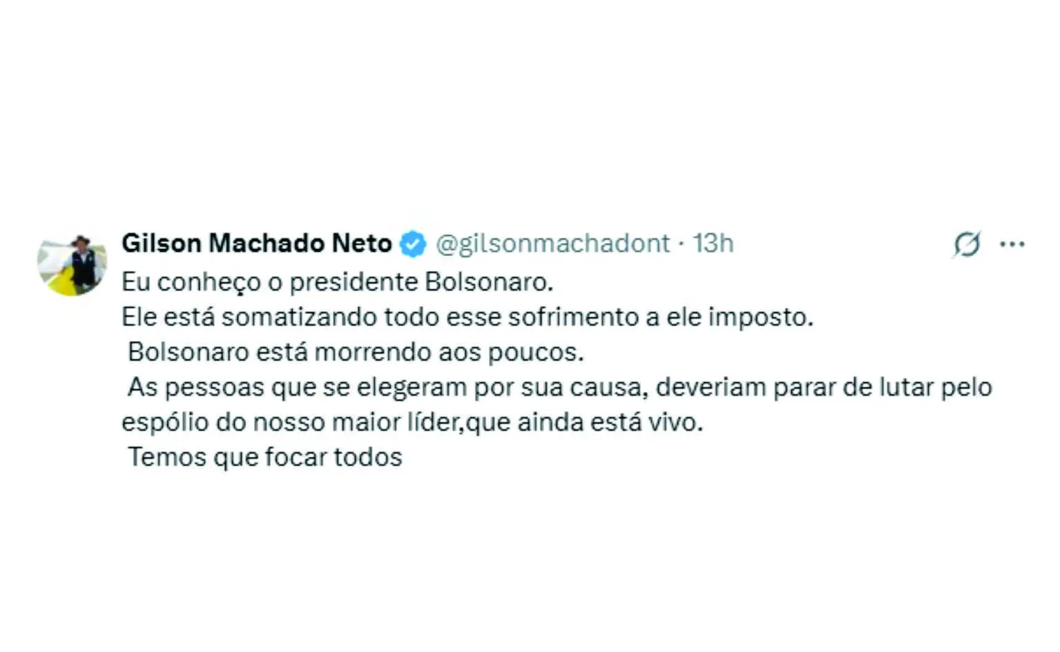 Gilson Machado usa rede X para afirmar que Bolsonaro "está morrendo aos poucos" e cobrar união da direita.