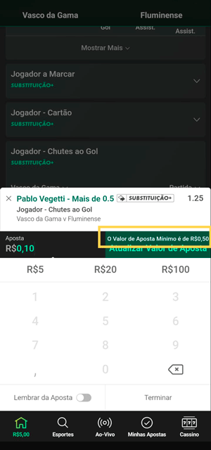 Aposta mínima no Chutes a Gol na bet365