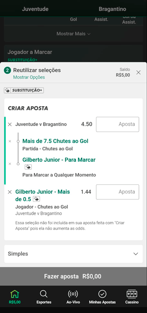 Aposta combinada com Chutes a Gol na bet365