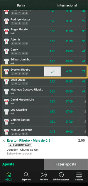 Selecionando linha no mercado de Chutes a Gol