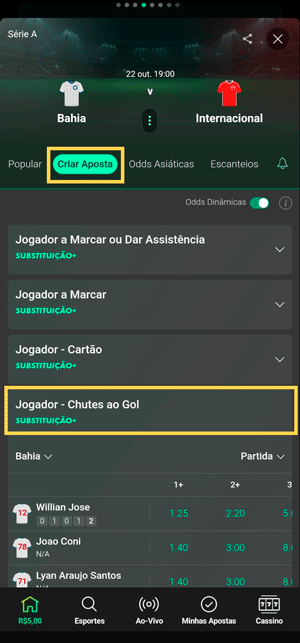 Seção da bet365 de Criar Aposta com o mercado de Chutes a Gol