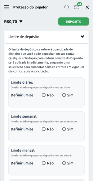 Tela de Limites de Depósito