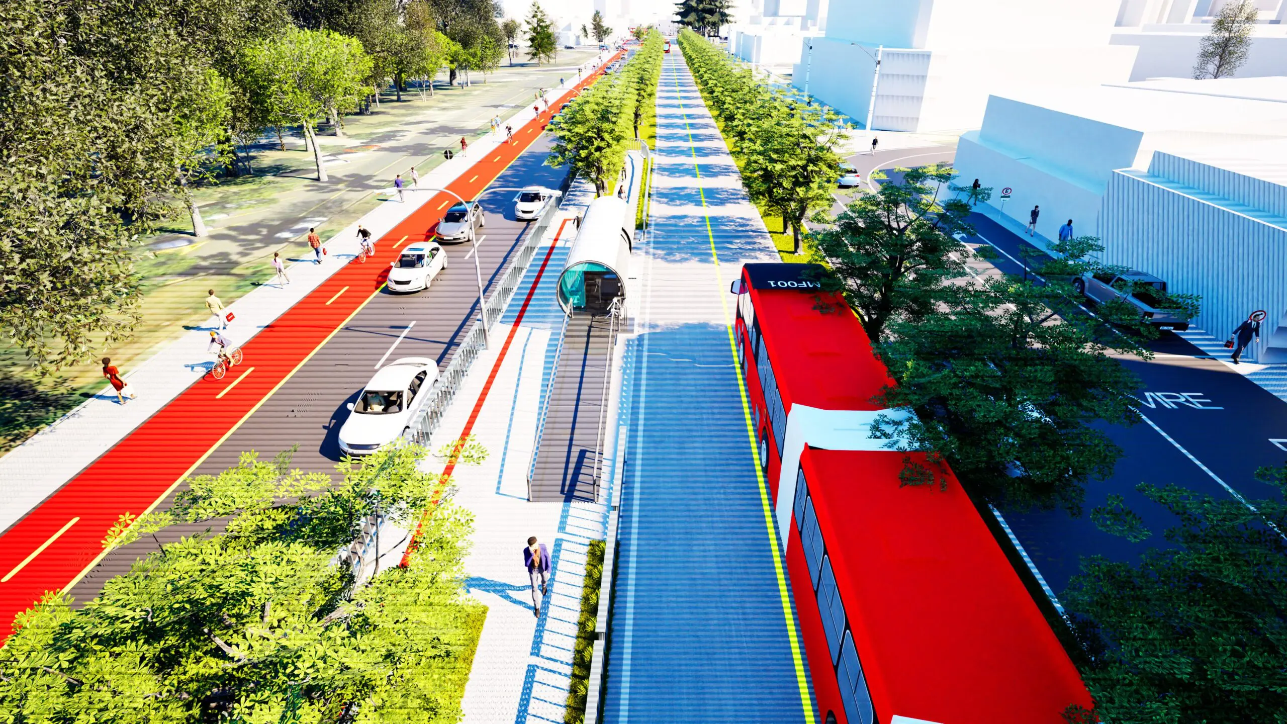 Simulação mostra o novo traçado das avenidas Sete de Setembro e Affonso Camargo, com calçadas ampliadas, ciclovia e novo corredor de ônibus biarticulados