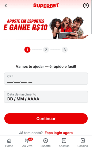 Passo 2 no cadastro Superbet