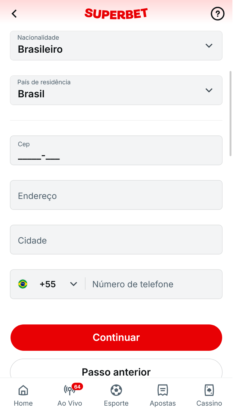 Passo 3 no cadastro Superbet