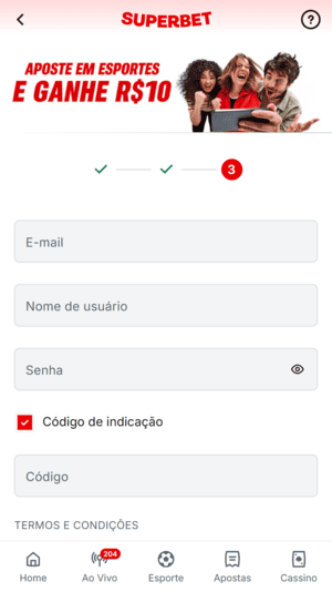 Passo 4 no cadastro Superbet