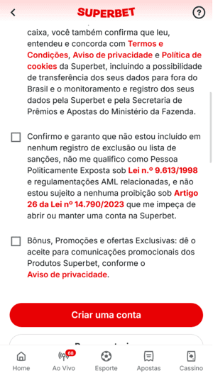 Passo 6 no cadastro Superbet