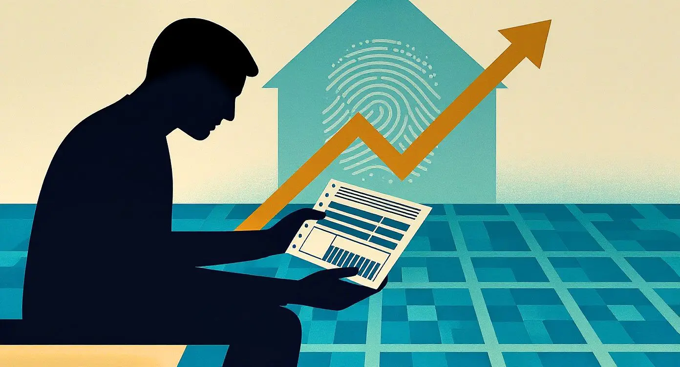 Homem analisando carnê de IPTU, preocupado com o possível aumento do imposto devido à reforma tributária e ao 'CPF dos Imóveis'.