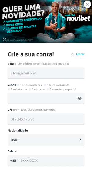 Formulário de cadastro da Novibet