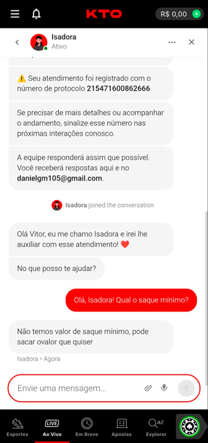Interface do chat ao vivo da KTO que funciona 24/7