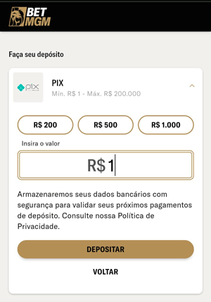 Seção de depósito da BetMGM com limite mínimo de R$ 1