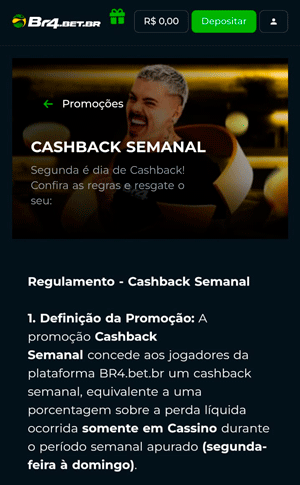 Página da oferta de cashback semanal da BR4Bet