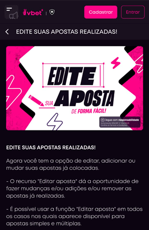Seção do recurso Editar Aposta da VBET
