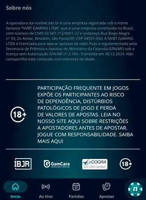 Licença de funcionamento no rodapé do site da Novibet para iniciantes
