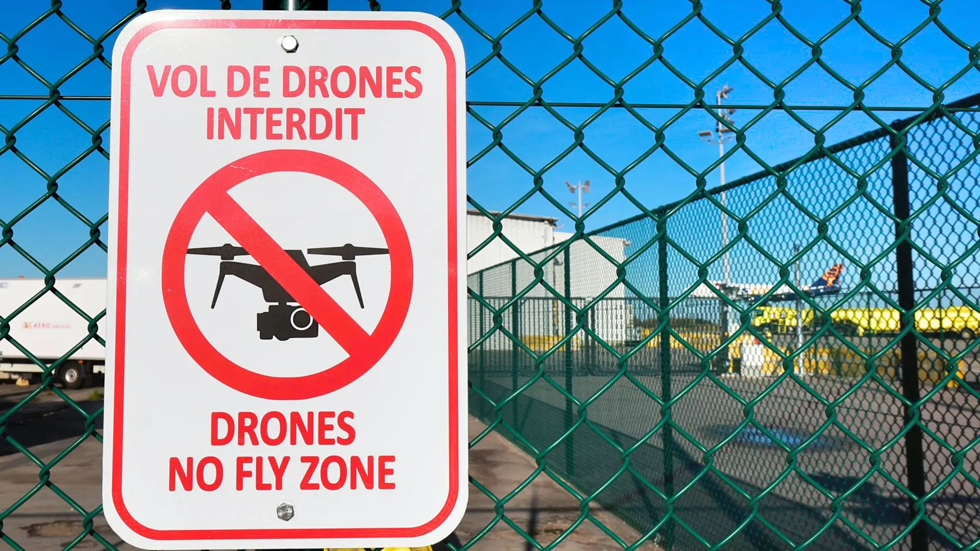 Placa de 'Drones no fly zone' no aeroporto de Liege, na Bélgica,