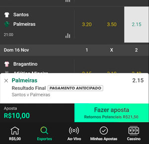 Cupom de apostas com palpite selecionado na bet365