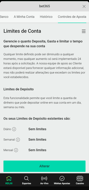 Seção de limites da conta da bet365