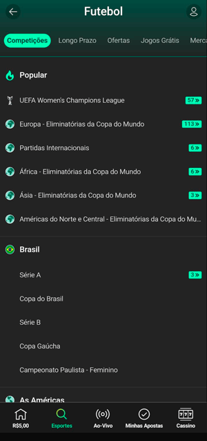 Menu de esportes da bet365
