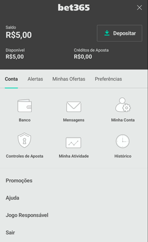 Menu de “minha conta” na bet365