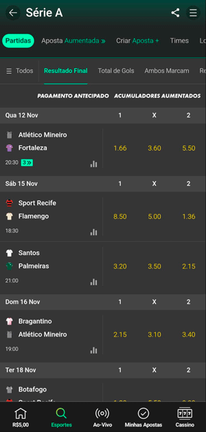 Seção de mercados dos jogos do brasileirão na bet365