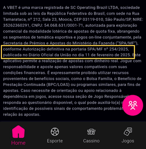 Licença de funcionamento da VBET no rodapé da plataforma