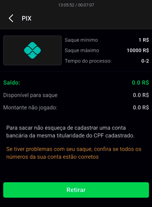 Tela de saque na VBET com limite mínimo de R$ 1
