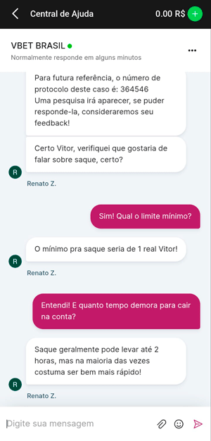 Suporte ao cliente da VBET no chat ao vivo
