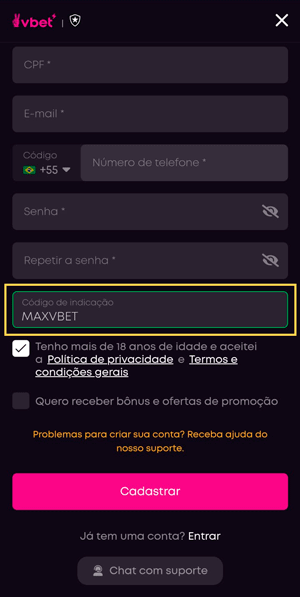 Formulário de cadastro da VBET com seção de código de indicação
