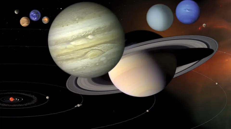 Uma ilustração do nosso sistema solar mostrando os planetas muito mais próximos uns dos outros do que na realidade, para representar todos os corpos com algum detalhe