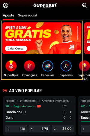Interface da Superbet com banner de ofertas de apostas grátis
