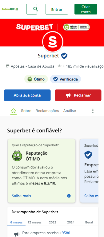 Captura de tela mostra a nota da Superbet no Reclame Aqui de 8.3 e reputação classificada como ÓTIMO