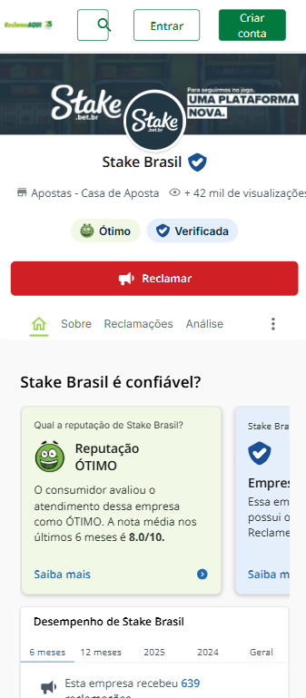 Captura de tela da Stake na plataforma Reclame Aqui mostra reputação "Ótimo" e selo de empresa verificada.