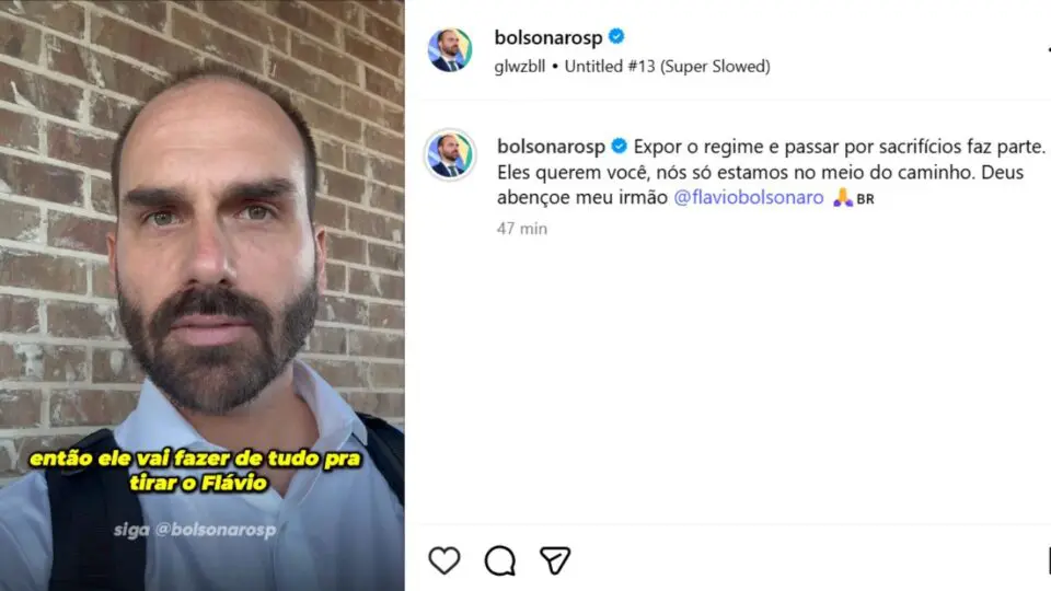 Eduardo Bolsonaro publicou um vídeo em seu Instagram afirmando que Moraes quer retirar o irmão, Flávio Bolsonaro, da disputa presidencial de 2026. 