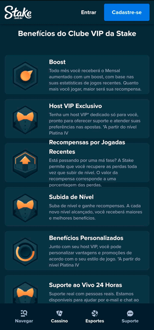 Página do Clube VIP da Stake