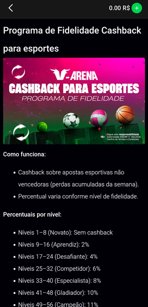Página da oferta de cashback para esportes na VBET