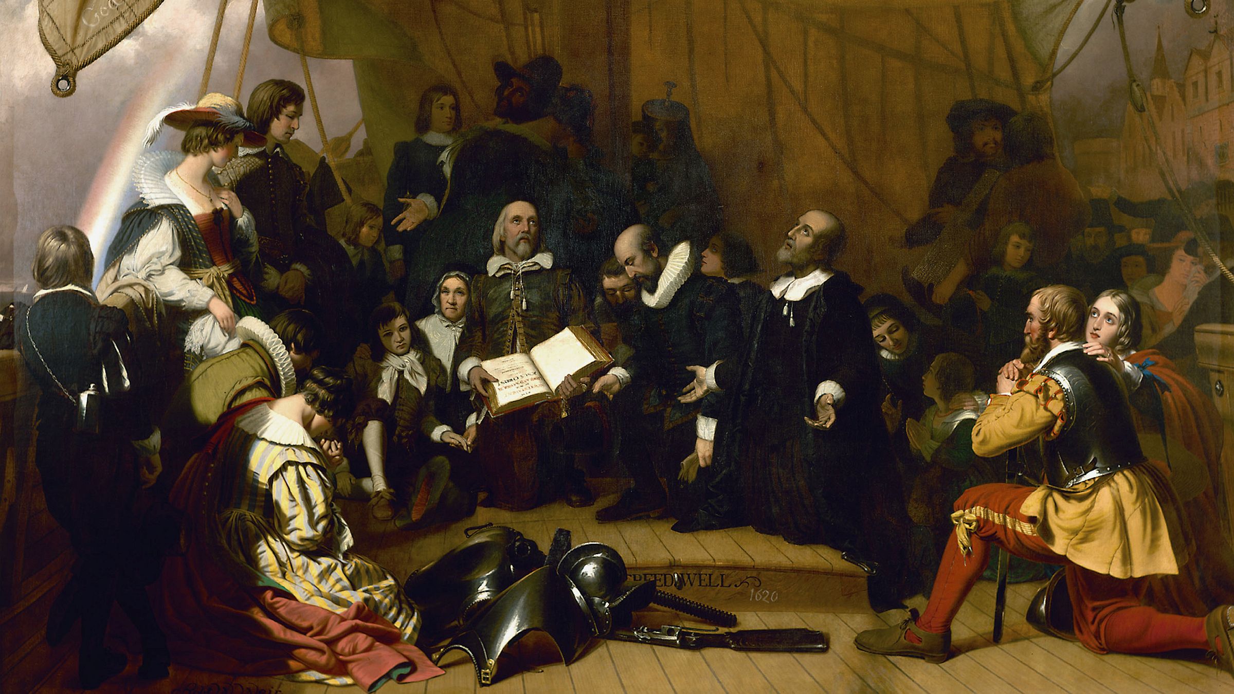 Em pintura de Robert W. Weir, os puritanos John Carver, William Bradford e Miles Standish rezam durante a viagem do Mayflower até a América.