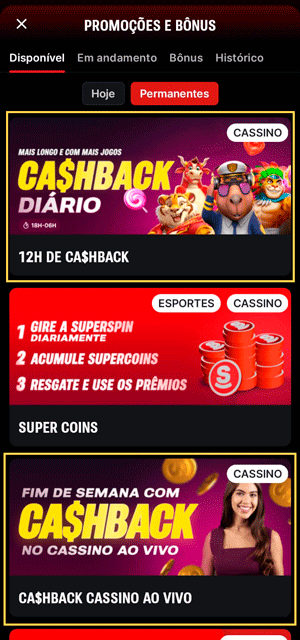 Seção de promoções e bônus da Superbet com ofertas de Cashback