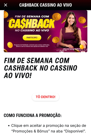 Página da oferta de cashback no fim de semana na Superbet