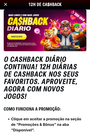 Página da oferta de cashback diário na Superbet
