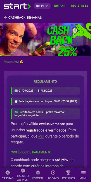 Página da oferta de cashback semanal da Startbet