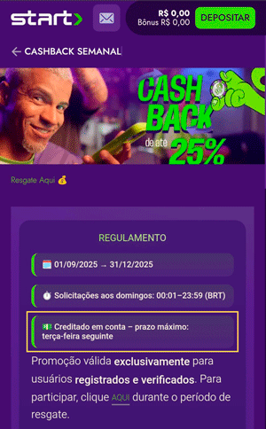 Página da oferta de cashback da plataforma nova Startbet