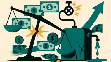 Ilustração conceitual de uma balança em severo desequilíbrio, com o eixo central rachando sob o peso de um tanque industrial vazando recursos, simbolizando a crise nas contas públicas e a insustentabilidade da dívida brasileira para as eleições de 2026.