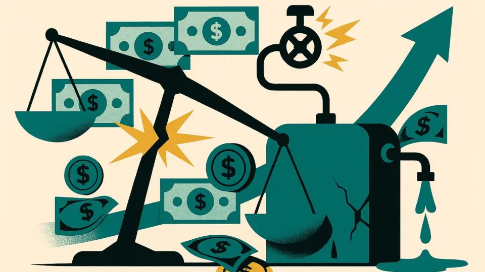 Ilustração conceitual de uma balança em severo desequilíbrio, com o eixo central rachando sob o peso de um tanque industrial vazando recursos, simbolizando a crise nas contas públicas e a insustentabilidade da dívida brasileira para as eleições de 2026.