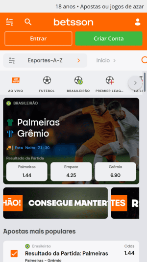 Tela inicial com apostas esportivas na Betsson