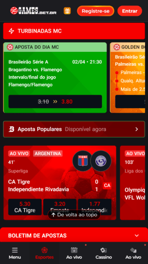 Tela inicial com mercados de apostas na MC Games