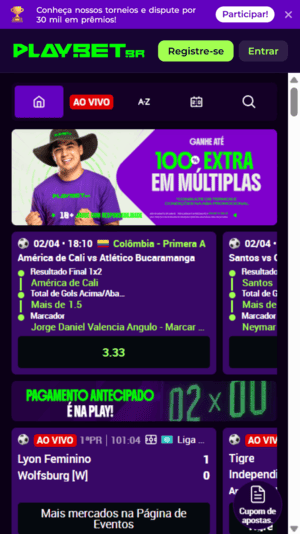 Tela inicial com oferta de 100% nas apostas múltiplas pela Playbet